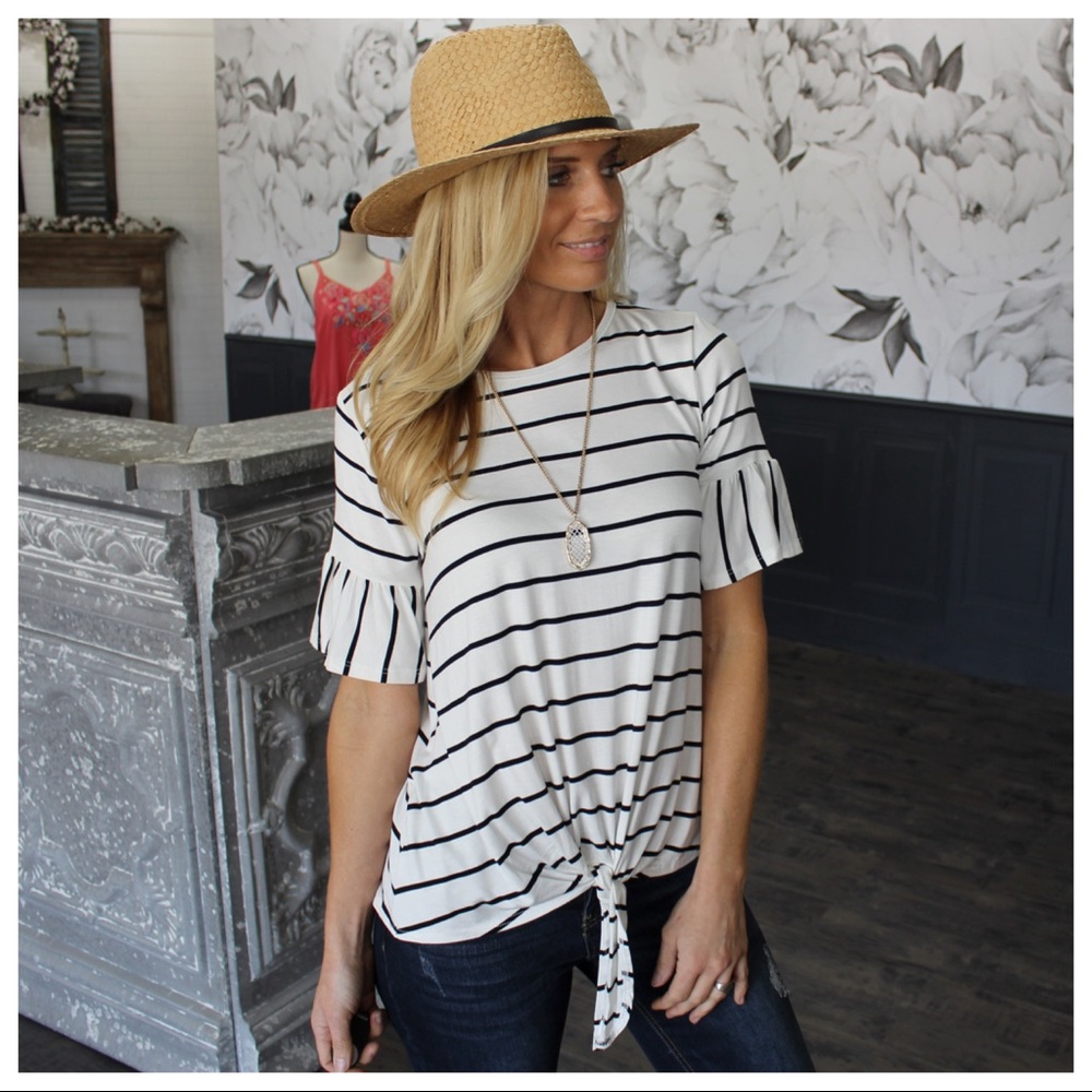 Ivory/Black Striped Tie Front Ruffle Sleeve Top - Picture 3 of 4
